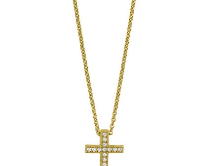 Gold Finish Sterling Silver Micropave Cross Pendant with Simulated Diamonds on 16 -18  Adjustable Chain Online Sale