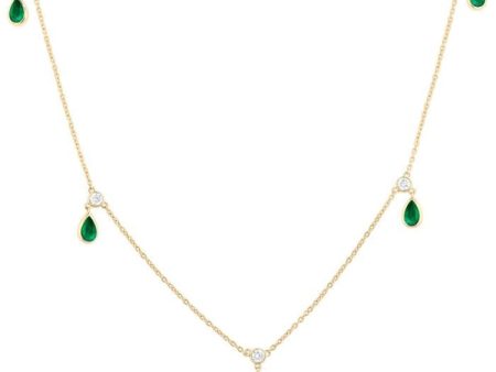 1 4 ctw Round Cut Diamonds and 5X3MM Pear Shape Emerald Precious Station Necklace in 10K Yellow Gold Cheap