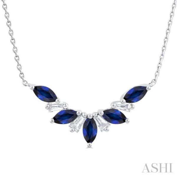 1 6 ctw Marquise Cut 5X3MM Sapphire and Baguette Cut Diamond Precious Gemstone Necklace in 14K White Gold Hot on Sale