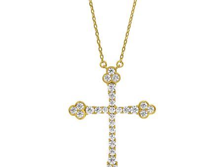 Gold Finish Sterling Silver Micropave Fancy Cross Pendant with Simulated Diamonds on 16 -18  Adjustable Chain Online Hot Sale