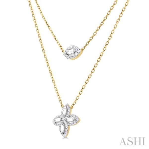 1 2 ctw Floral Baguette and Round Cut Diamond Layered Fashion Necklace in 14K Yellow Gold Online now