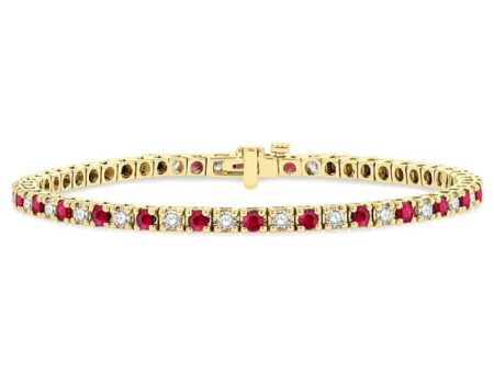 1 1 2 ctw Square Box Link 2.5MM Ruby and Round Cut Diamond Precious Tennis Bracelet in 14K Yellow Gold For Cheap