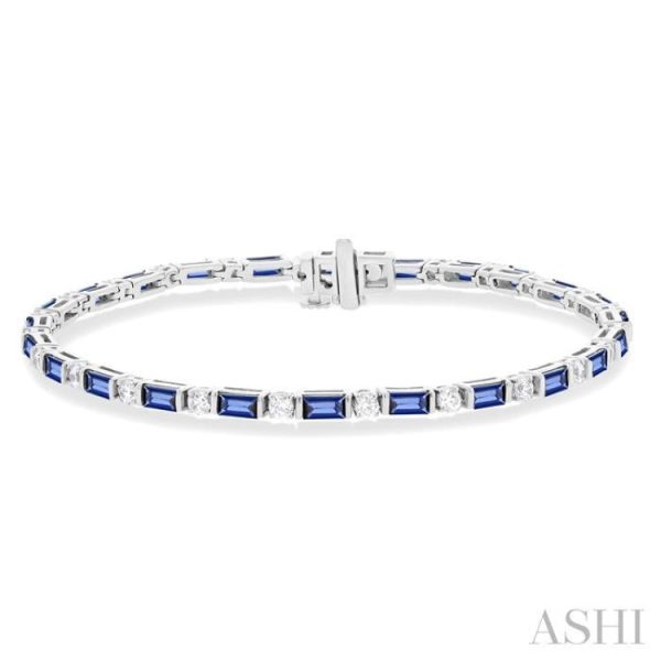 1 1 10 ctw Art Deco 4X2 MM Baguette Cut Sapphire and Round Cut Diamond Precious Tennis Bracelet in 14K White Gold Discount