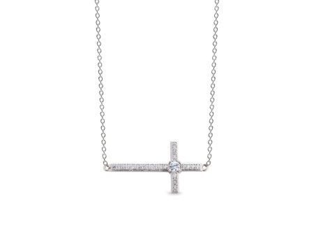 Platinum Finish Sterling Silver Micropave Sideways Cross Necklace with Simulated Diamonds on 18  Cable Chain Online Sale