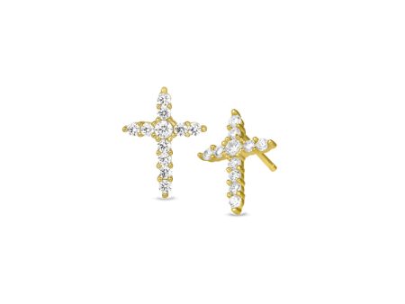 Gold Finish Sterling Silver Cross Earrings with Simulated Diamonds Online now