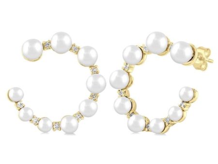 1 5 ctw Graduated 2.8 - 4.5 MM Cultured Pearls and Round Cut Diamond Half Hoop Earring in 14K Yellow Gold Online Sale