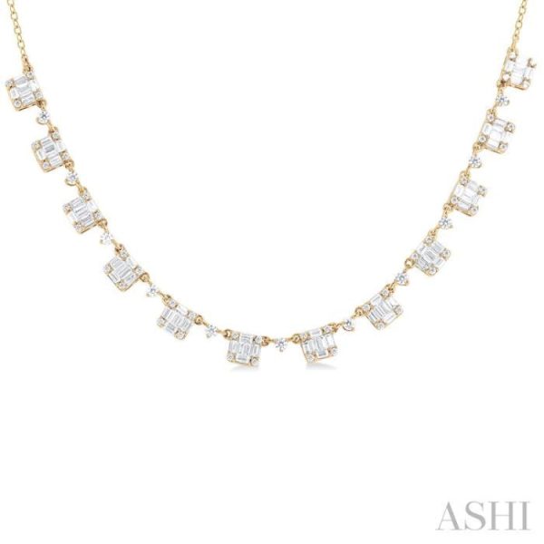 1 1 2 Ctw Fusion Baguette and Round Cut Diamond Halfway Necklace in 14K Yellow Gold Online Hot Sale