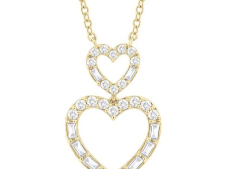 1 3 ctw Twin Heart Fusion Baguette and Round Cut Diamond Necklace in 10K Yellow Gold For Discount