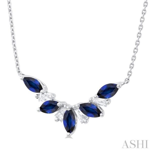 1 6 ctw Marquise Cut 5X3MM Sapphire and Baguette Cut Diamond Precious Gemstone Necklace in 14K White Gold Hot on Sale