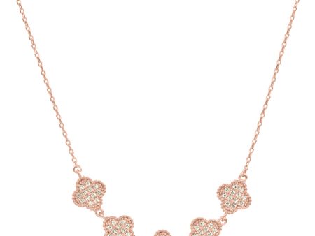 Rose Gold Finish Sterling Silver Micropave Five Clover Necklace with Simulated Diamonds on 16 -18  Adjustable Chain on Sale