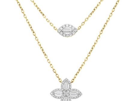 1 2 ctw Floral Baguette and Round Cut Diamond Layered Fashion Necklace in 14K Yellow Gold Online now