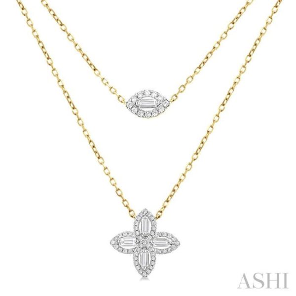 1 2 ctw Floral Baguette and Round Cut Diamond Layered Fashion Necklace in 14K Yellow Gold Online now