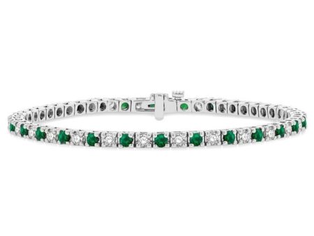 1 1 2 ctw Square Box Link 2.5MM Emerald and Round Cut Diamond Precious Tennis Bracelet in 14K White Gold For Sale