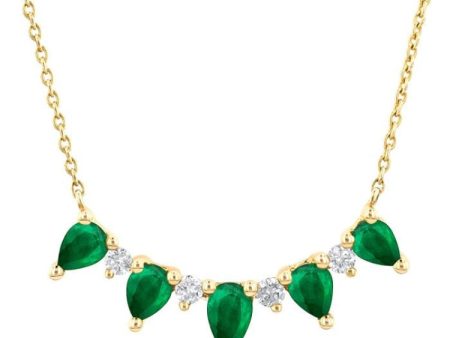 1 8 ctw Pear Cut 5X3 and 4X3MM Precious Emerald & Round Cut Diamond Necklace in 14K Yellow Gold For Discount