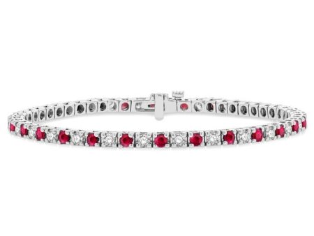 1 1 2 ctw Square Box Link 2.5MM Ruby and Round Cut Diamond Precious Tennis Bracelet in 14K White Gold Discount