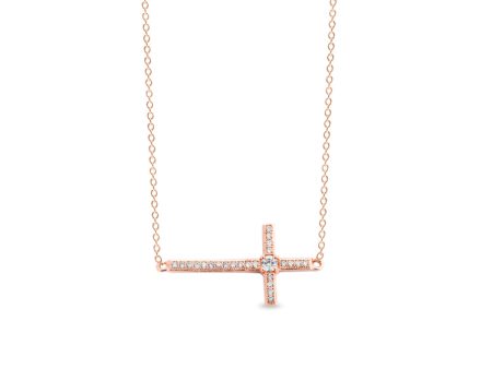 Rose Gold Finish Sterling Silver Micropave Sideways Cross Necklace with Simulated Diamonds on 18  Cable Chain Online