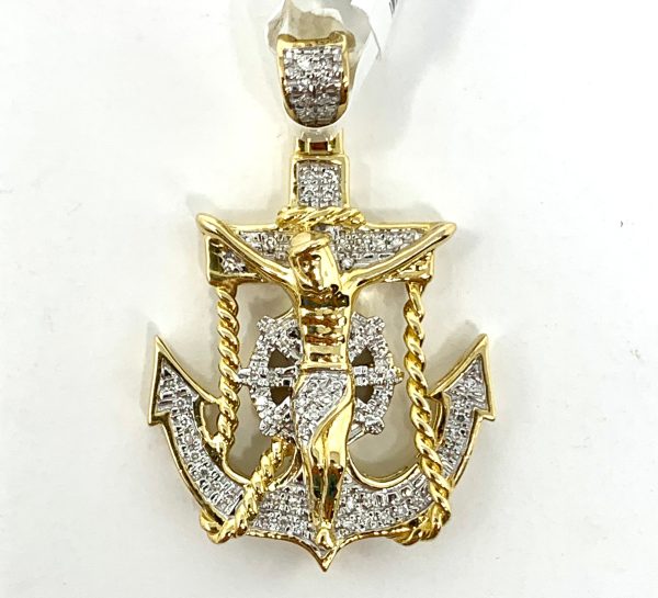 10K 0.30CT Yellow Gold Decorative Jesus Anchor Pendant Charm Hot on Sale