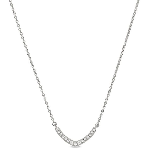 Platinum Finish Sterling Silver Micropave V Necklace with Simulated Diamonds on 16 -18  Adjustable Chain Discount