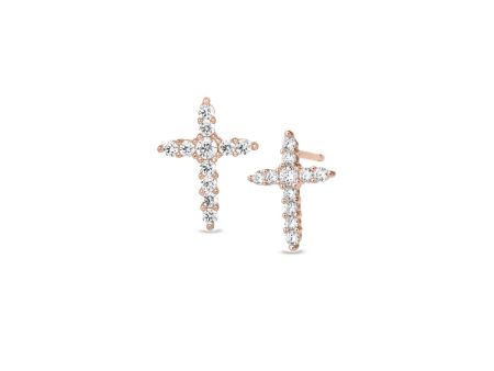 Rose Gold Finish Sterling Silver Cross Earrings with Simulated Diamonds Fashion