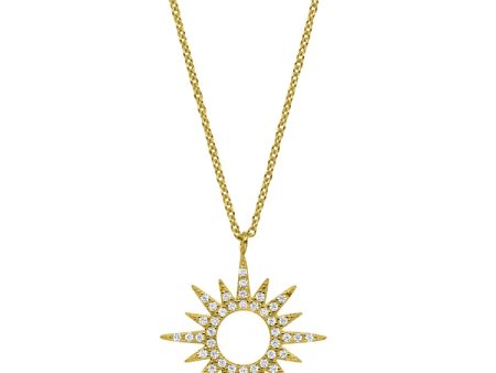 Gold Finish Sterling Silver Micropave Open Starburst Pendant with Simulated Diamonds on 16 -18  Adjustable Chain Online now