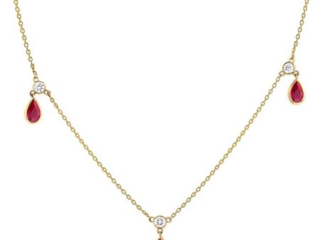 1 4 ctw Round Cut Diamonds and 5X3MM Pear Shape Ruby Precious Station Necklace in 14K Yellow Gold Online