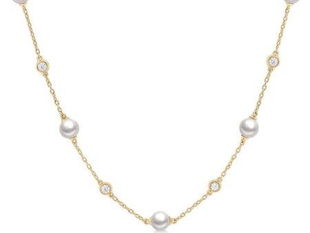 1 4 ctw White 5 MM Cultured Pearls and Round Cut Diamond Station Necklace in 14K Yellow Gold For Sale